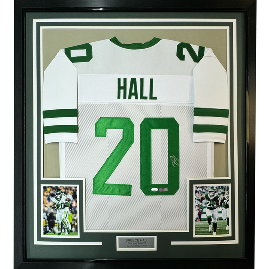Framed Autographed/Signed Breece Hall 35x39 New York White Football Jersey JSA COA