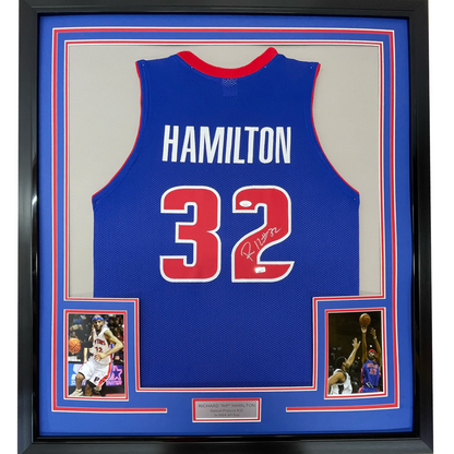 Framed Autographed/Signed Richard Rip Hamilton 35x39 Detroit Blue Basketball Jersey JSA COA