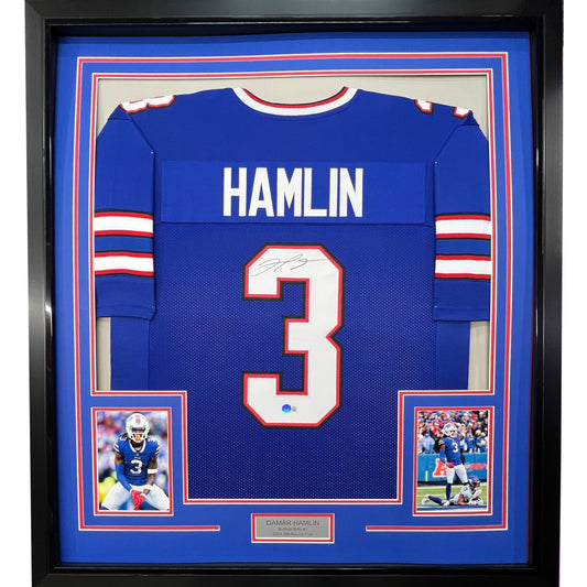 Framed Autographed/Signed Damar Hamlin 35x39 Buffalo Blue Football Jersey Beckett BAS COA