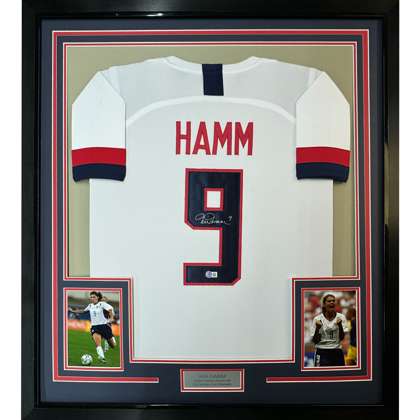 Framed Autographed/Signed Mia Hamm 35x39 White Soccer Team USA United States World Cup Jersey Beckett BAS COA