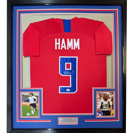 Framed Autographed/Signed Mia Hamm 35x39 Red Soccer Team USA United States World Cup Jersey Beckett BAS COA