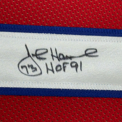 Framed Autographed/Signed John Hannah HOF 91 35x39 New England Red Football Jersey JSA COA
