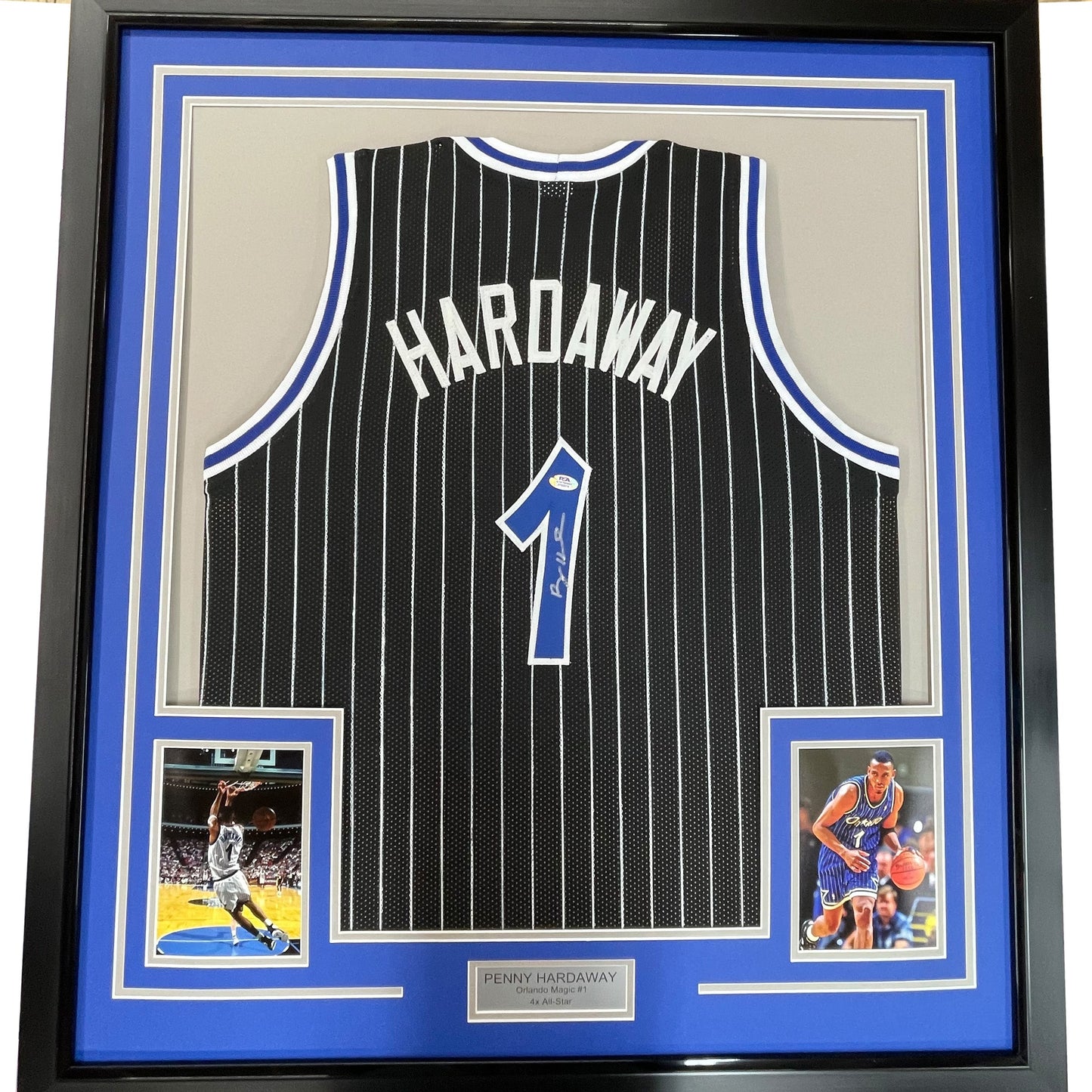 Framed Autographed/Signed Anfernee Penny Hardaway 35x39 Orlando Black Pinstripe Basketball Jersey PSA/DNA COA