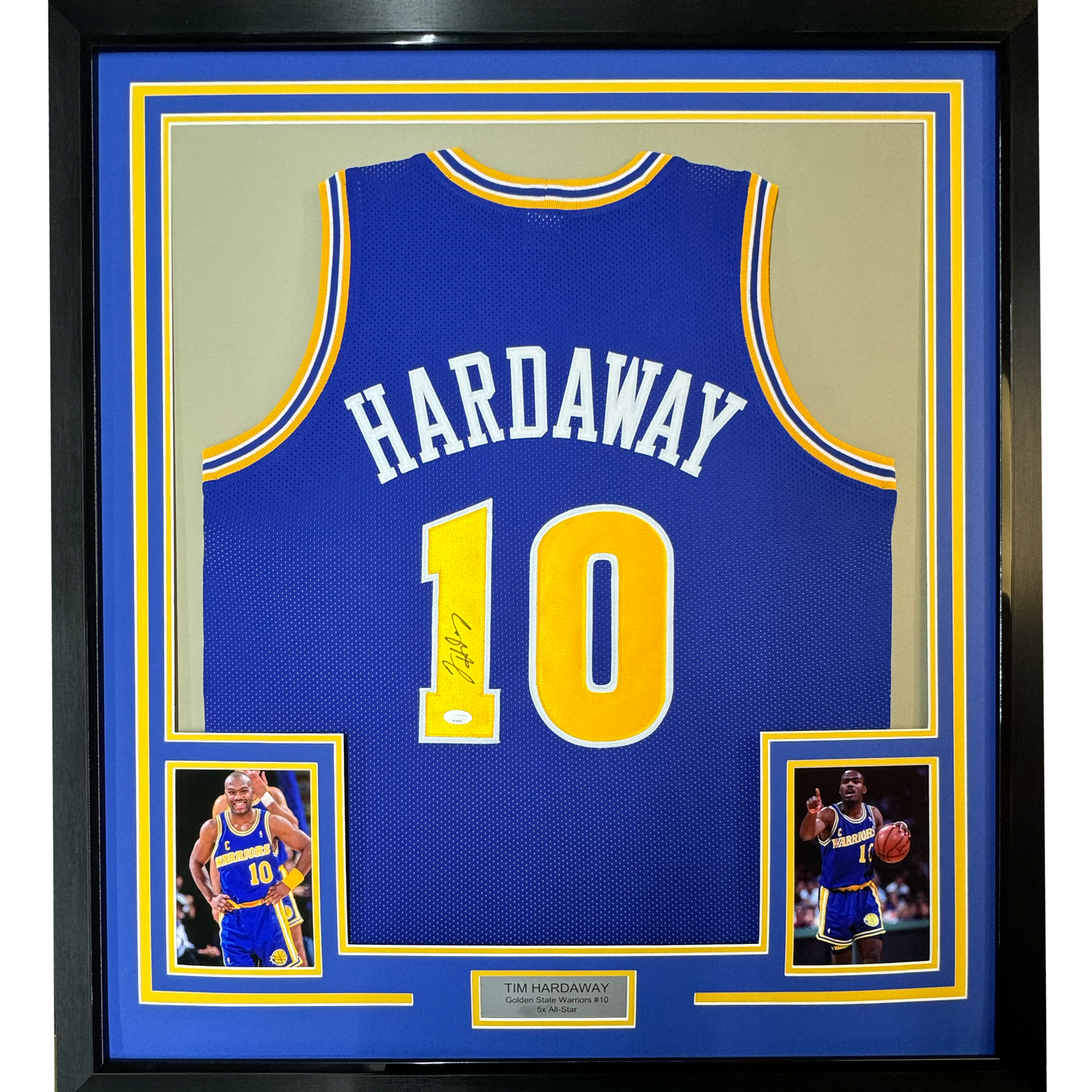 Framed Autographed/Signed Tim Hardaway 35x39 Golden State Blue Basketball Jersey JSA COA