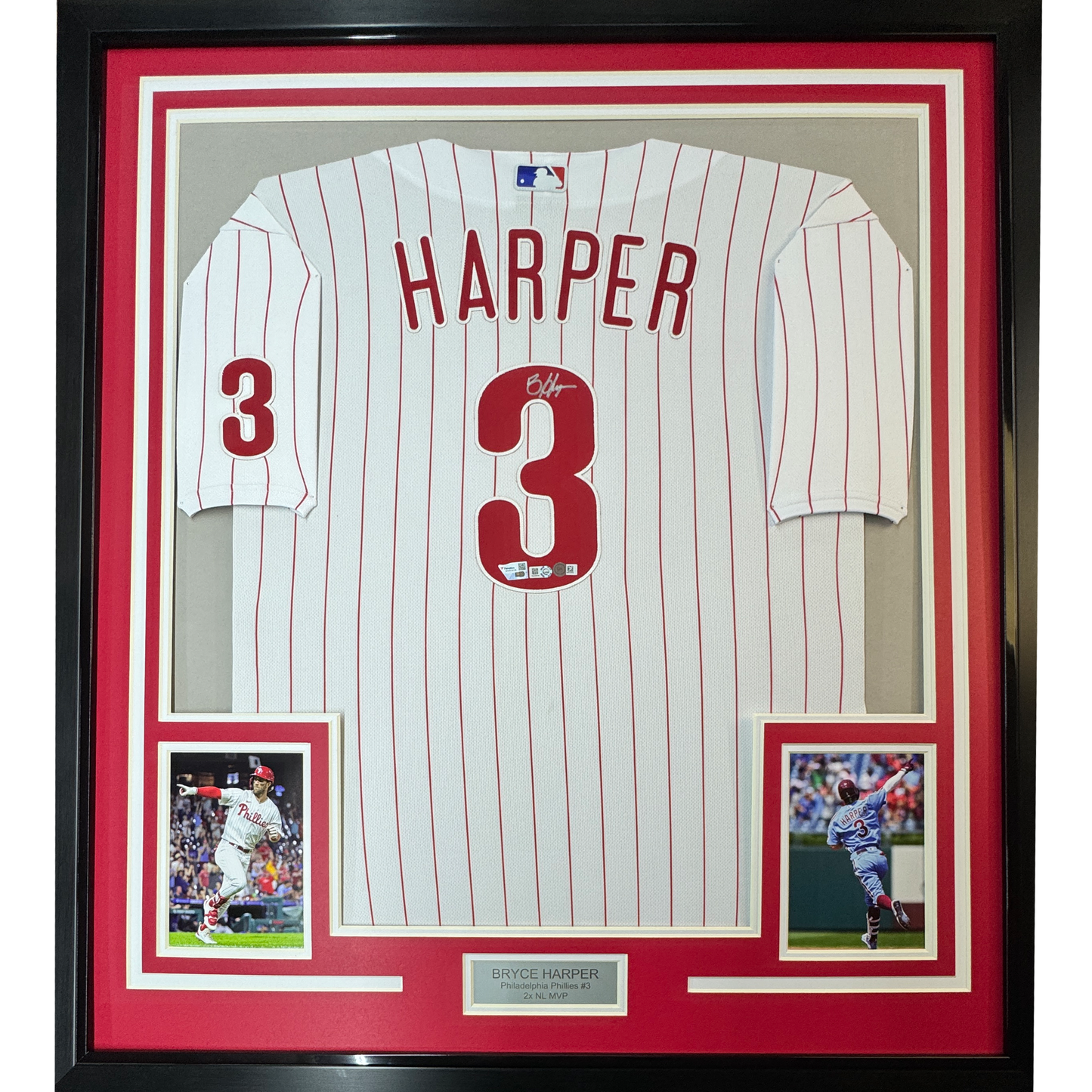Framed Autographed/Signed Bryce Harper 35x39 Philadelphia Phillies Pinstripe Authentic Baseball Jersey Fanatics & MLB COA