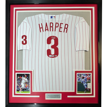 Framed Autographed/Signed Bryce Harper 35x39 Philadelphia Phillies Pinstripe Authentic Baseball Jersey Fanatics & MLB COA