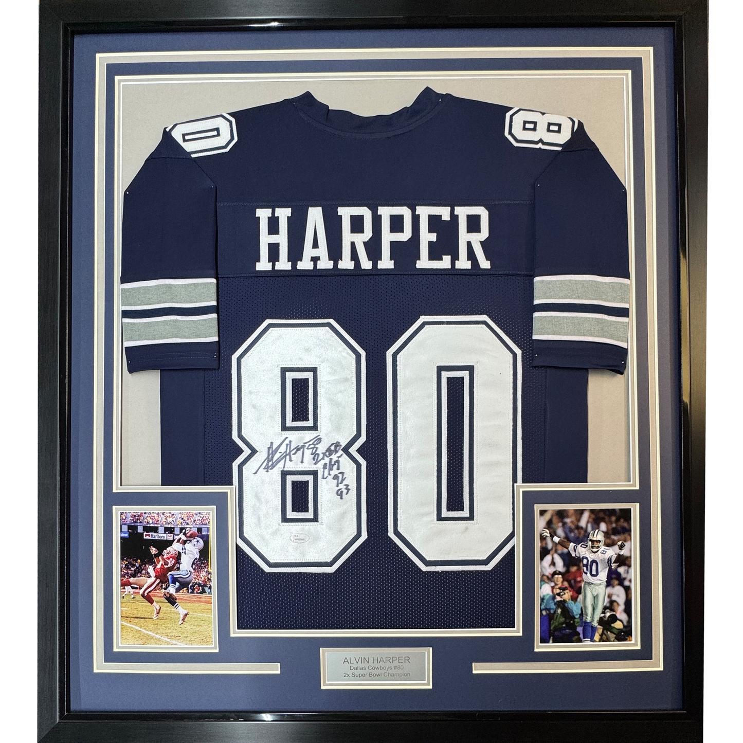 Framed Autographed/Signed Alvin Harper 35x39 2x SB Champ Dallas Blue Football Jersey JSA COA