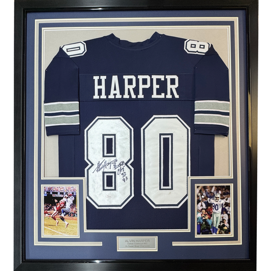Framed Autographed/Signed Alvin Harper 35x39 2x SB Champ Dallas Blue Football Jersey JSA COA
