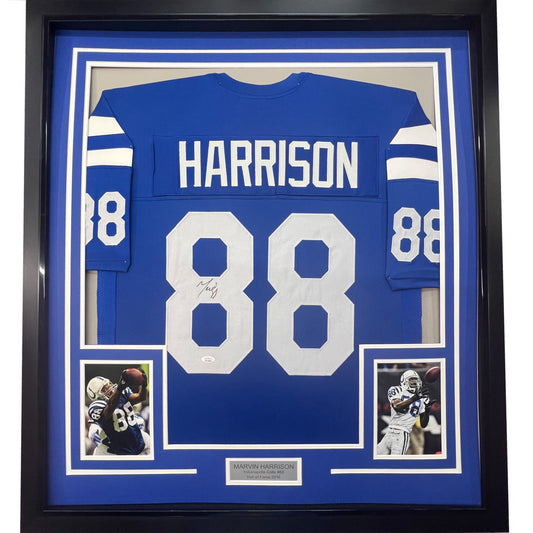 Framed Autographed/Signed Marvin Harrison 35x39 Indianapolis Blue Football Jersey JSA COA