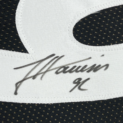 Framed Autographed/Signed James Harrison 35x39 Pittsburgh Black Football Jersey Beckett BAS COA