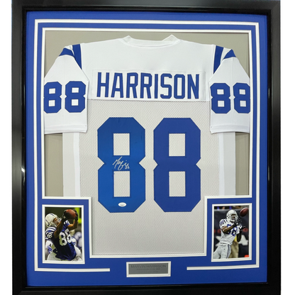 Framed Autographed/Signed Marvin Harrison 35x39 Indianapolis White Football Jersey JSA COA
