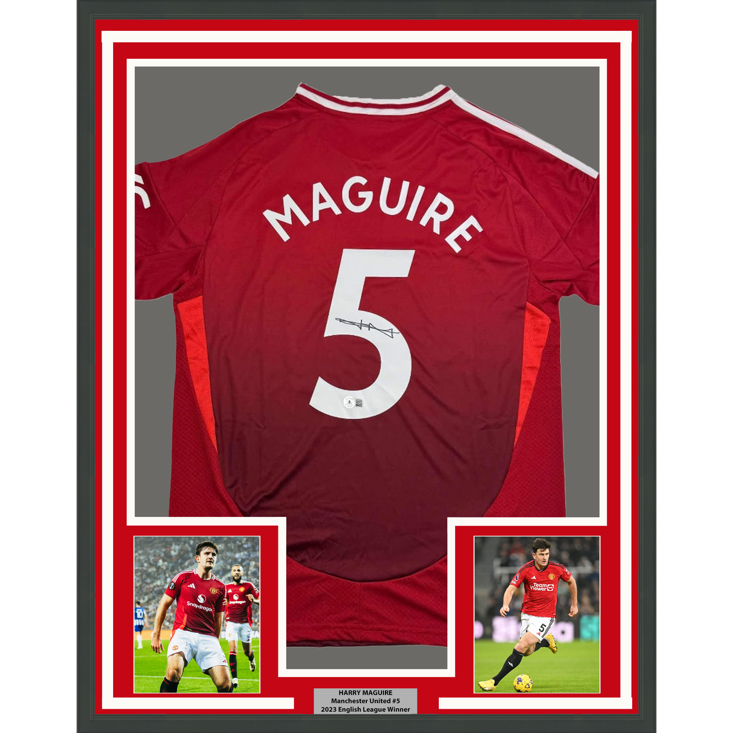 Framed Autographed/Signed Harry Maguire 35x39 Manchester United Red Soccer Jersey Beckett BAS COA