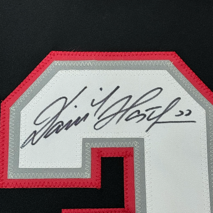 Framed Autographed/Signed Dominik Hasek 35x39 Buffalo Black Hockey Jersey Beckett BAS COA