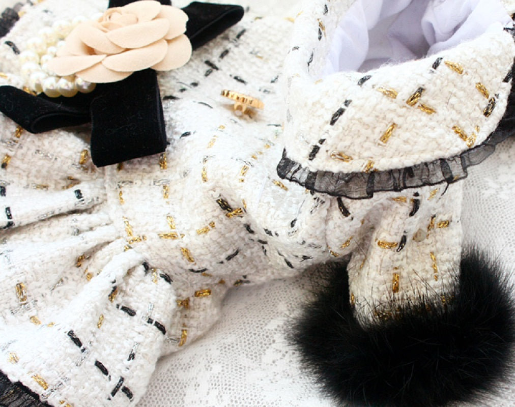 Handmade Luxury Tweed Dog Dress with Fur Trim | Designer Small Dog Coat Dress