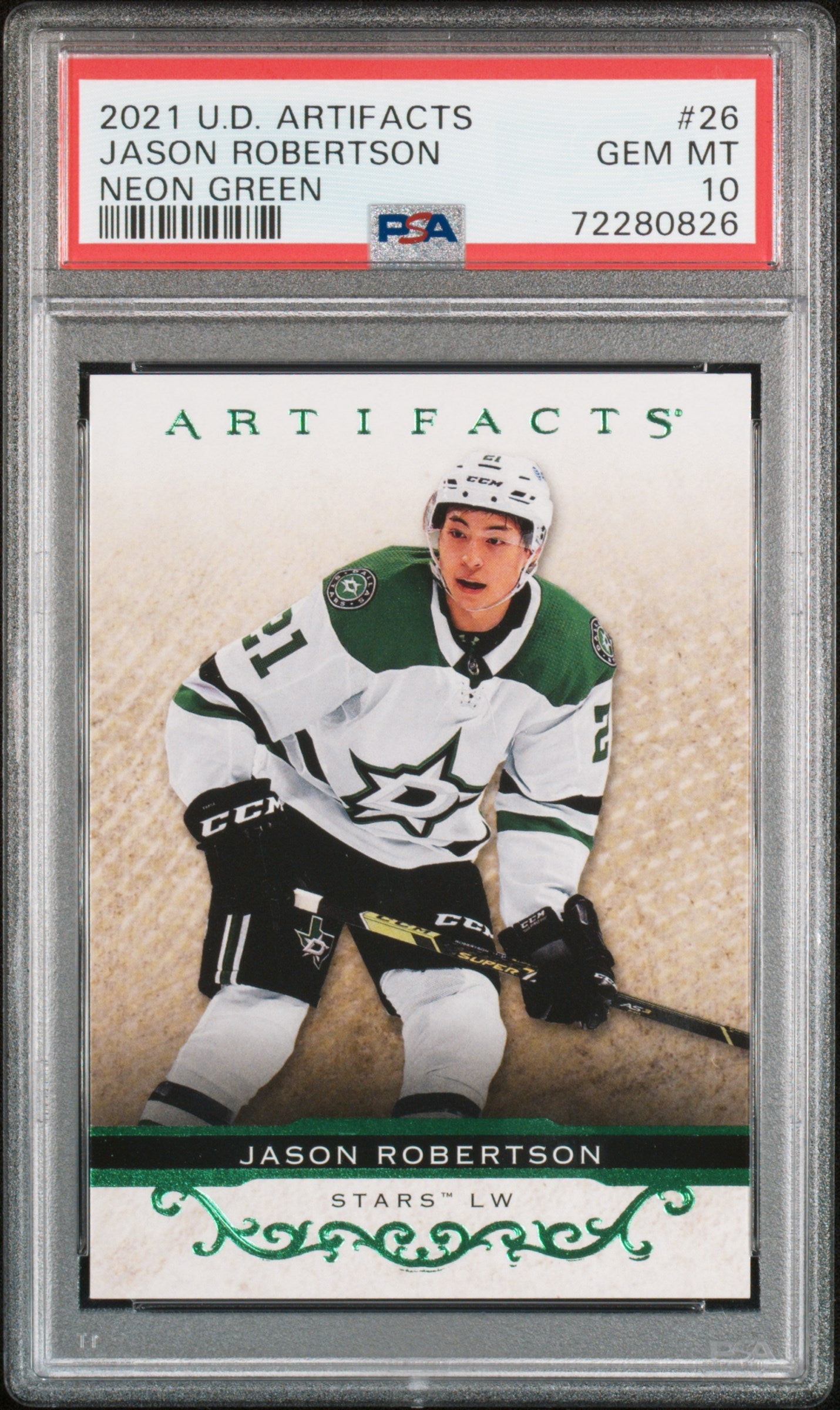 Graded 2021 UD Artifacts Jason Robertson #26 Neon Green Hockey Card PSA 10 Gem Mint