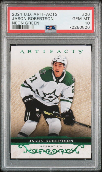 Graded 2021 UD Artifacts Jason Robertson #26 Neon Green Hockey Card PSA 10 Gem Mint