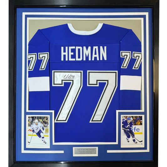 Framed Autographed/Signed Victor Hedman 35x39 Tampa Bay Blue Hockey Jersey JSA COA