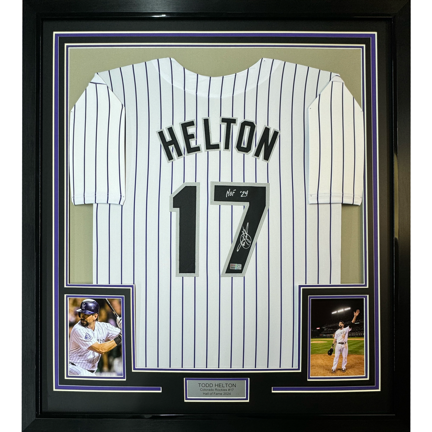 Framed Autographed/Signed Todd Helton HOF 24 35x39 Colorado Pinstripe Baseball Jersey Tristar COA