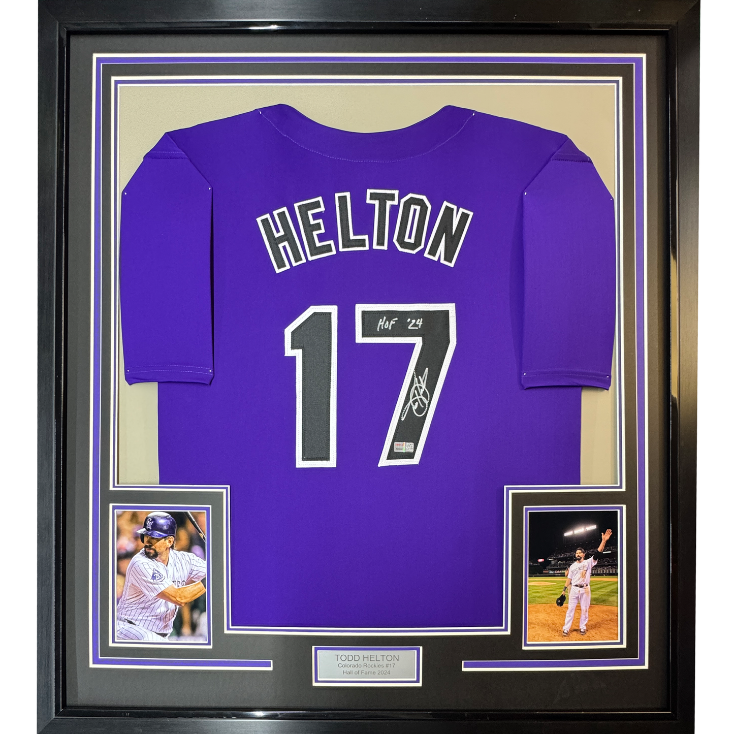 Framed Autographed/Signed Todd Helton HOF 24 35x39 Colorado Purple Baseball Jersey Tristar COA