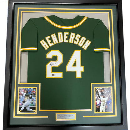 Framed Autographed/Signed Rickey Henderson 35x39 Oakland Green Baseball Jersey Beckett BAS COA