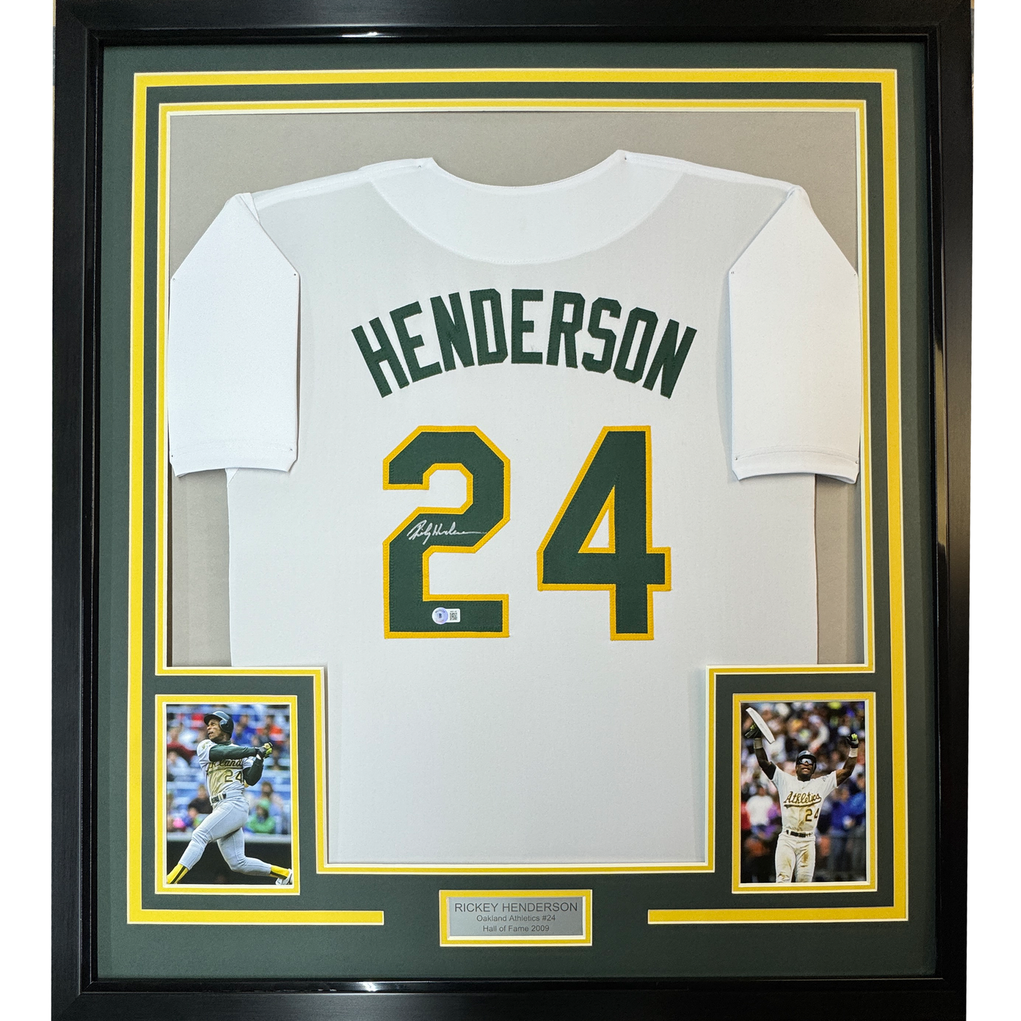 Framed Autographed/Signed Rickey Henderson 35x39 Oakland White Baseball Jersey Beckett BAS COA