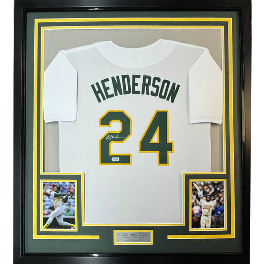 Framed Autographed/Signed Rickey Henderson 35x39 Oakland White Baseball Jersey Beckett BAS COA