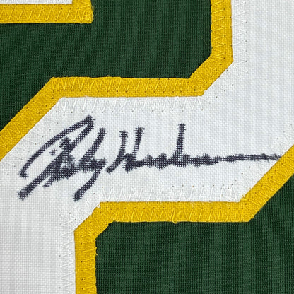 Framed Autographed/Signed Rickey Henderson 35x39 Oakland Green Baseball Jersey Beckett BAS COA