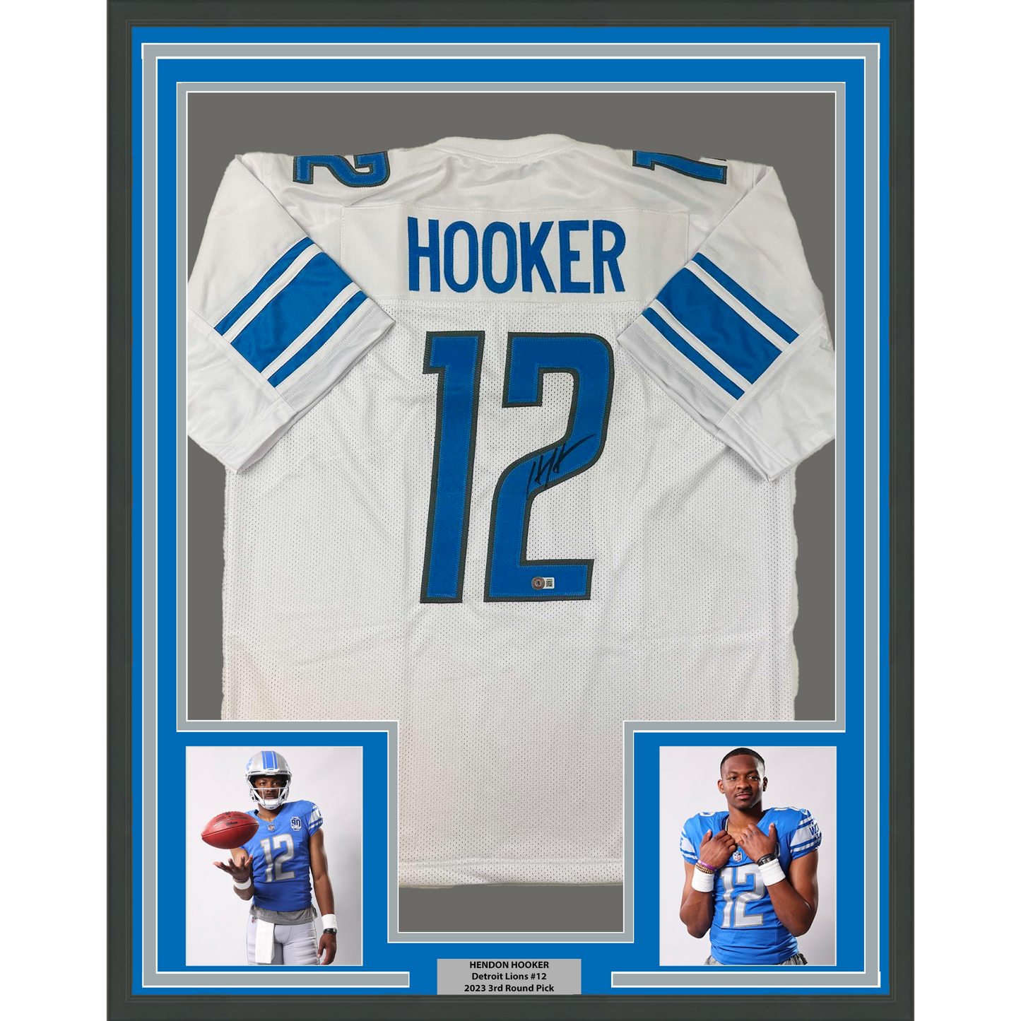 Framed Autographed/Signed Hendon Hooker 35x39 Detroit White Football Jersey Beckett BAS COA