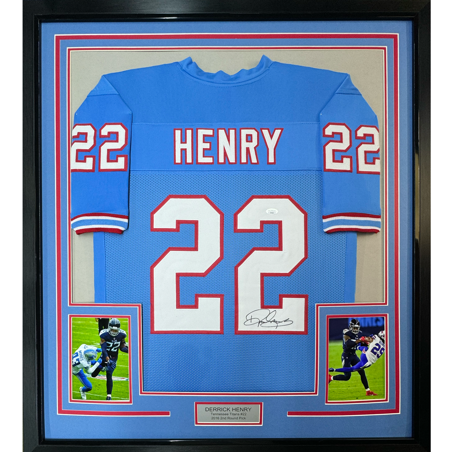 Framed Autographed/Signed Derrick Henry 35x39 Tennessee Retro Light Blue Football Jersey JSA COA