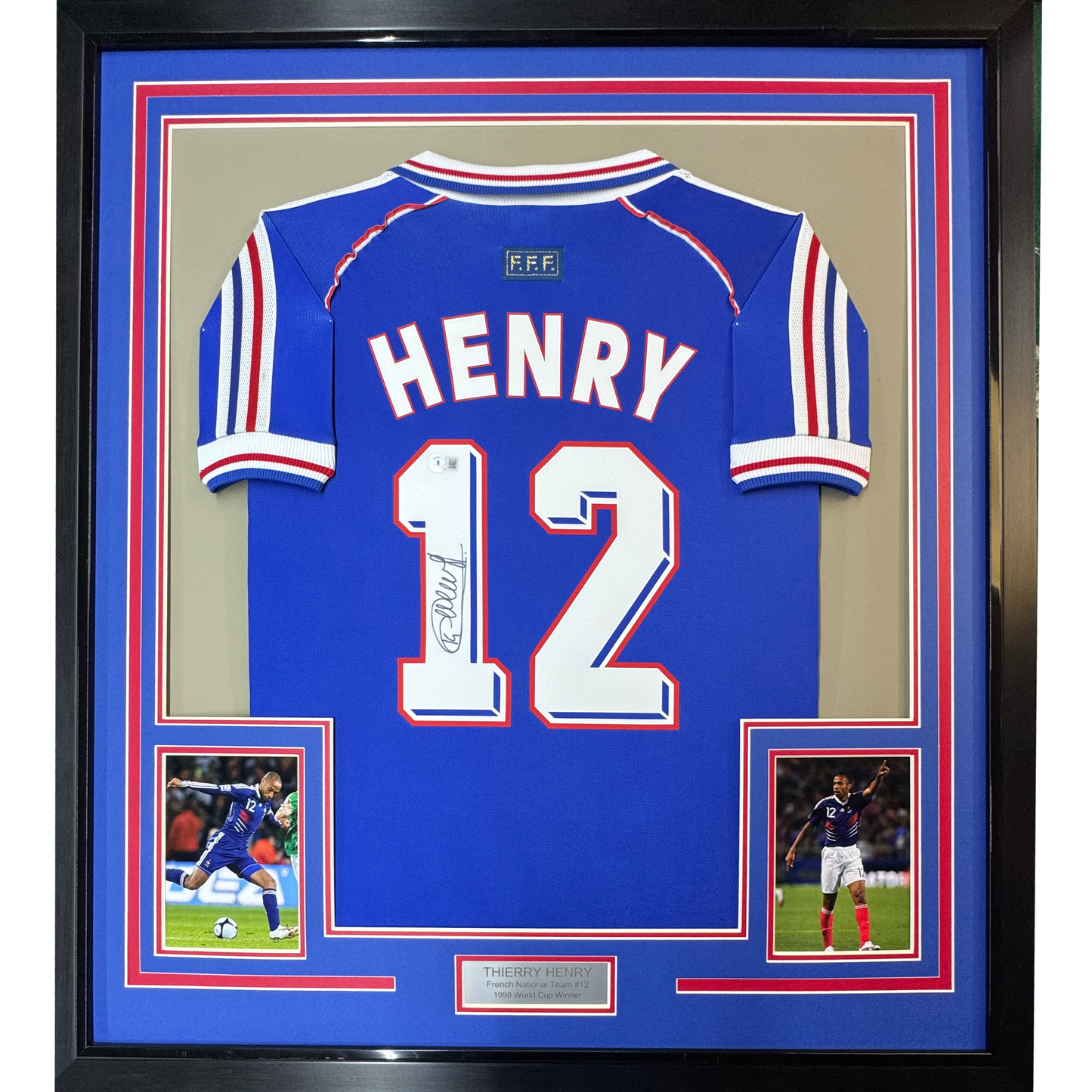 Framed Autographed/Signed Thierry Henry 35x39 France French National Team Blue Soccer Jersey Beckett BAS COA