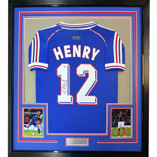 Framed Autographed/Signed Thierry Henry 35x39 France French National Team Blue Soccer Jersey Beckett BAS COA