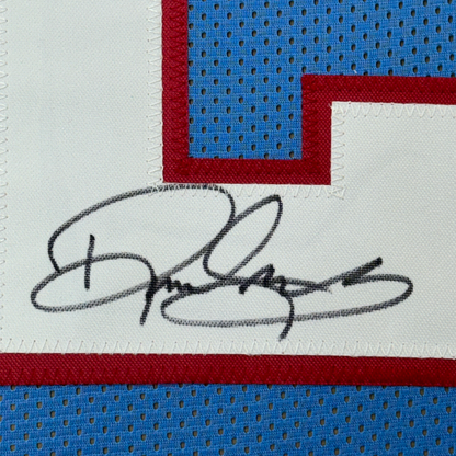 Framed Autographed/Signed Derrick Henry 35x39 Tennessee Retro Light Blue Football Jersey JSA COA