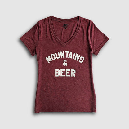 Women's Mountains & Beer V-Neck Tee - Maroon/Ivory