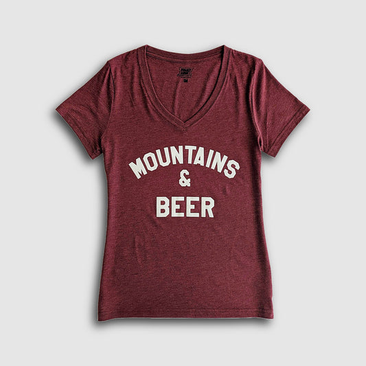 Women's Mountains & Beer V-Neck Tee - Maroon/Ivory