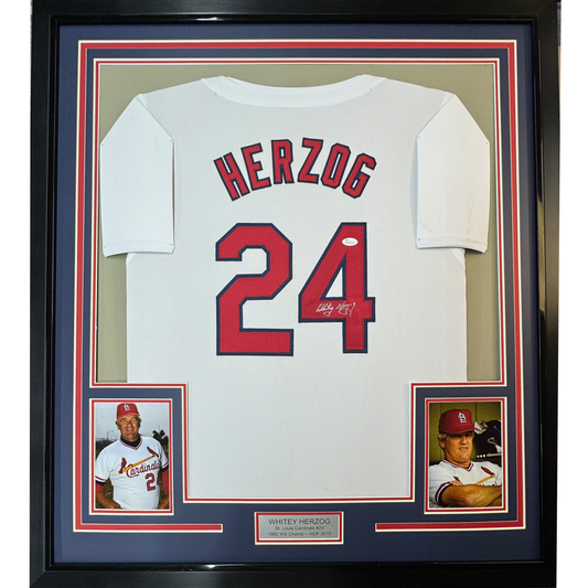 Framed Autographed/Signed Whitey Herzog 35x39 St. Louis White Baseball Jersey JSA COA