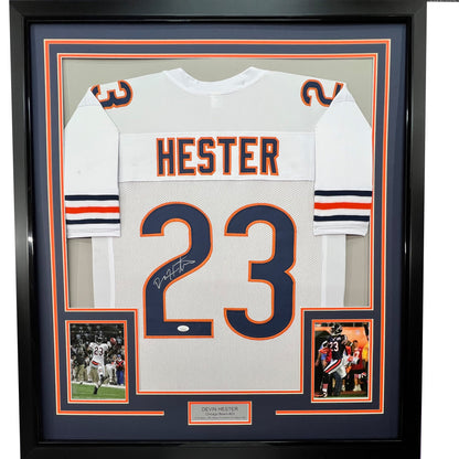Framed Autographed/Signed Devin Hester 35x39 Chicago White Football Jersey JSA COA