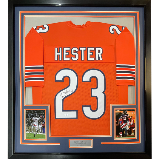 Framed Autographed/Signed Devin Hester 35x39 Chicago Orange Football Jersey JSA COA
