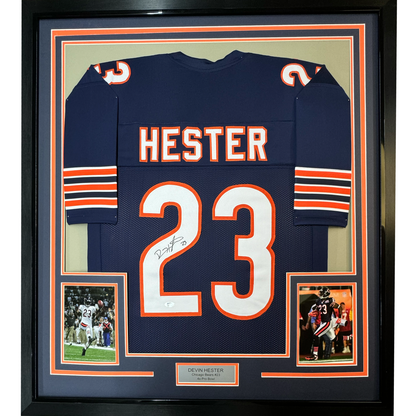 Framed Autographed/Signed Devin Hester 35x39 Chicago Blue Football Jersey JSA COA