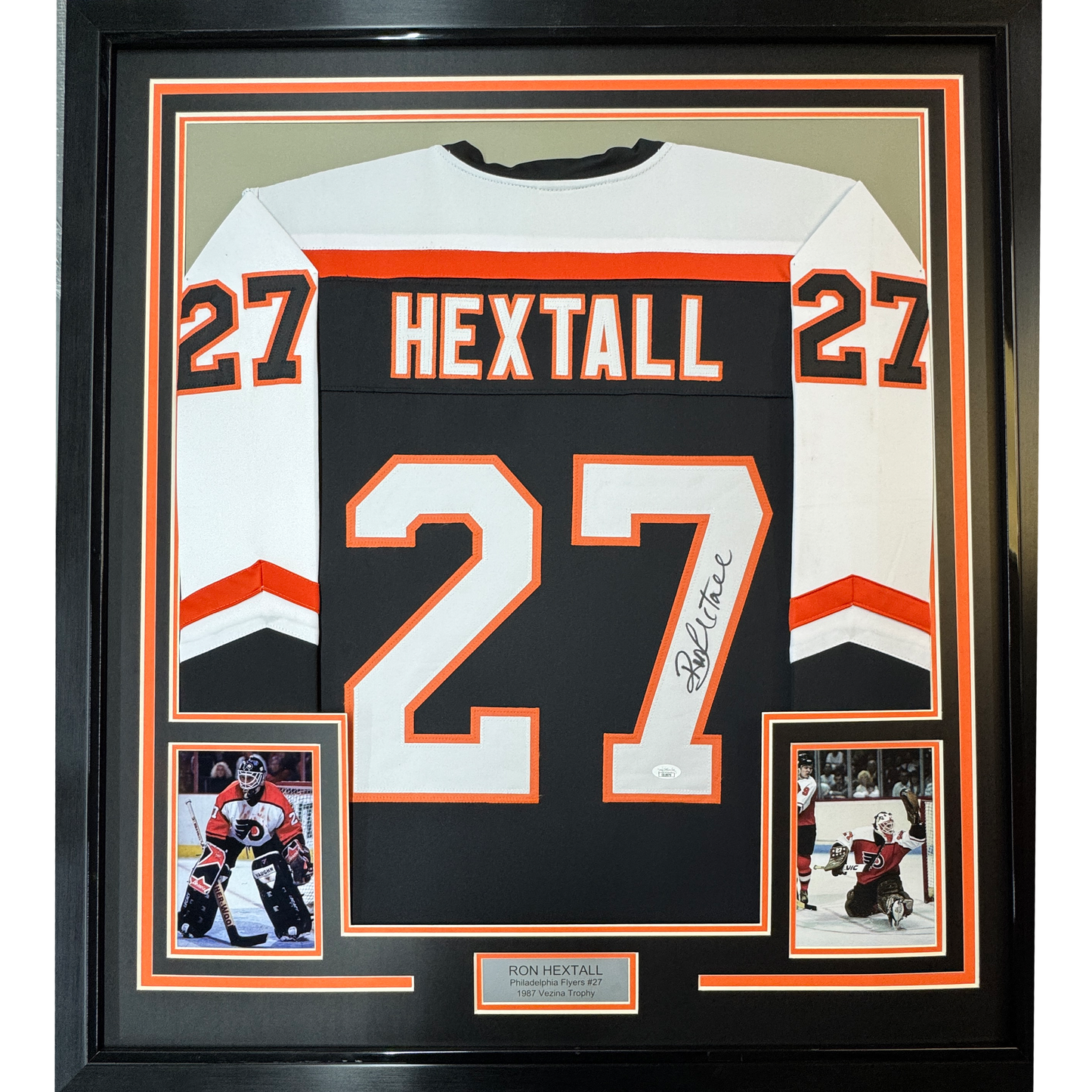 Framed Autographed/Signed Ron Hextall 35x39 Philadelphia Black Hockey Jersey JSA COA