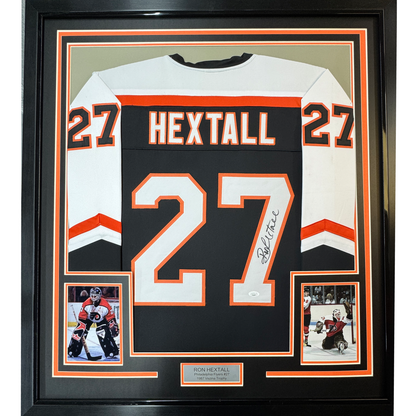 Framed Autographed/Signed Ron Hextall 35x39 Philadelphia Black Hockey Jersey JSA COA