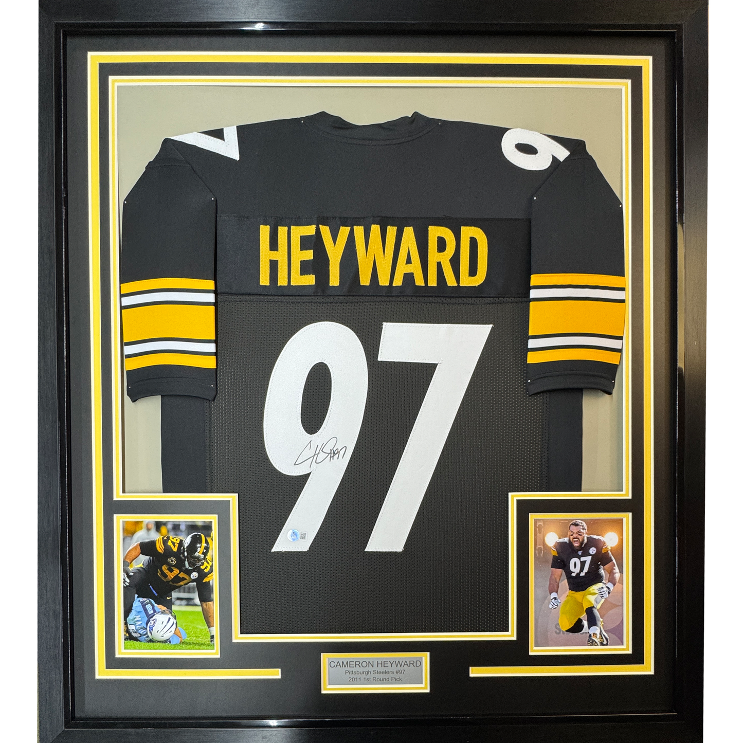 Framed Autographed/Signed Cameron Cam Heyward 35x39 Pittsburgh Black Football Jersey JSA COA