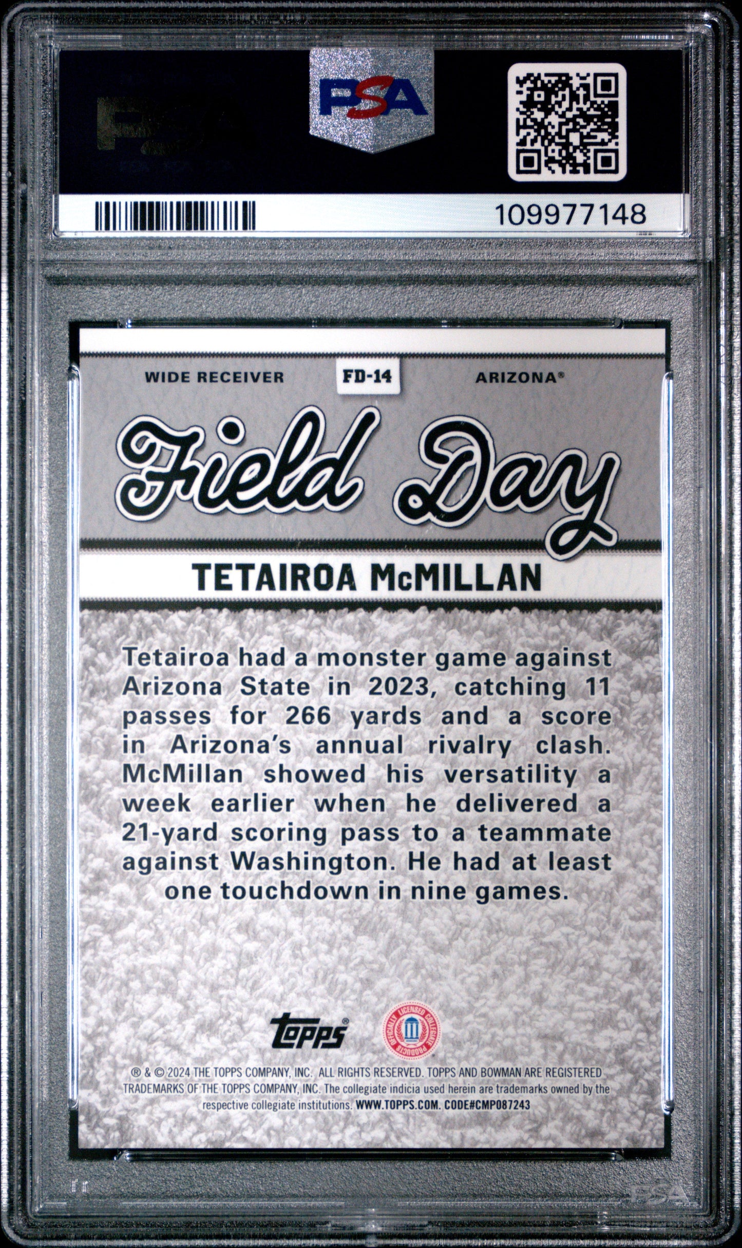 Graded 2024 Topps Bowman Best University Tetairoa McMillan #FD14 Field Day Rookie RC Football Card PSA 10 Gem Mint