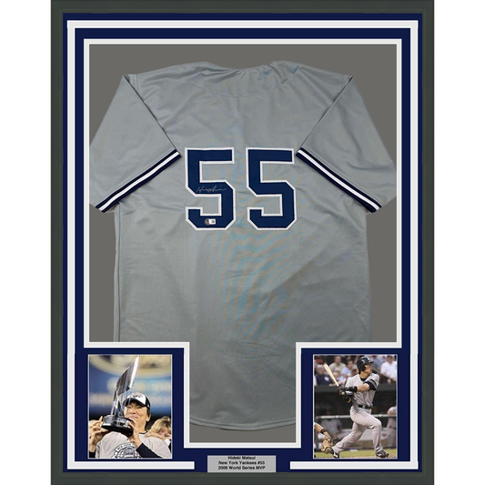 Framed Autographed/Signed Hideki Matsui 35x39 New York Grey Baseball Jersey Beckett BAS COA