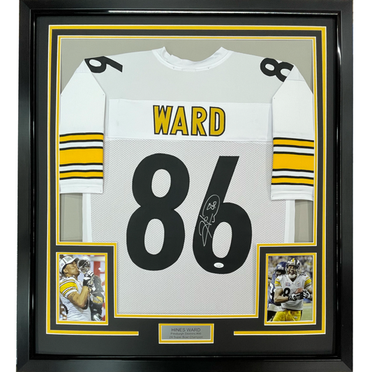 Framed Autographed/Signed Hines Ward 35x39 Pittsburgh White Football Jersey JSA COA