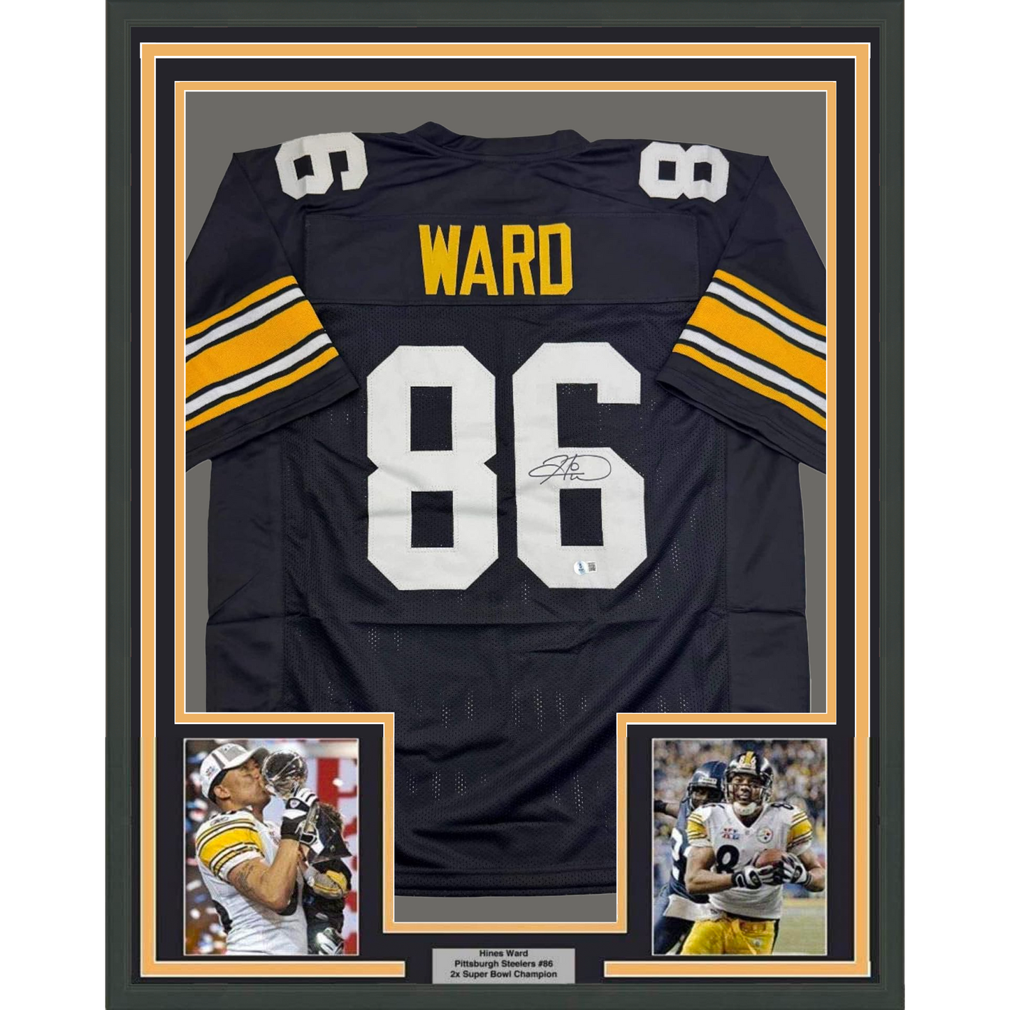 Framed Autographed/Signed Hines Ward 35x39 Pittsburgh Black Retro Football Jersey Beckett BAS COA
