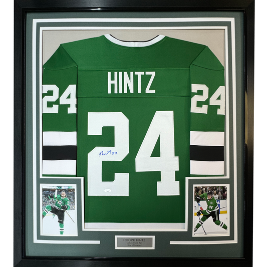 Framed Autographed/Signed Roope Hintz 35x39 Dallas Green Hockey Jersey JSA COA