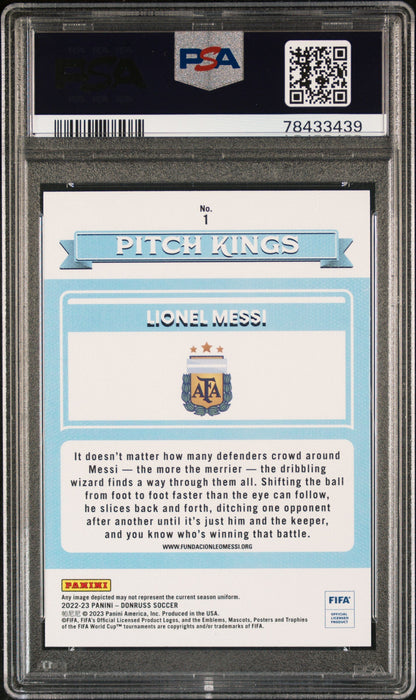 Graded 2022 Panini Donruss FIFA Lionel Messi #1 Pitch Kings Soccer Card PSA 10 Gem Mint