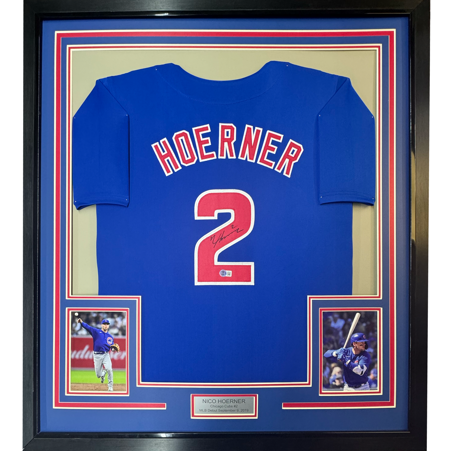 Framed Autographed/Signed Nico Hoerner 35x39 Chicago Blue Baseball Jersey Beckett BAS COA