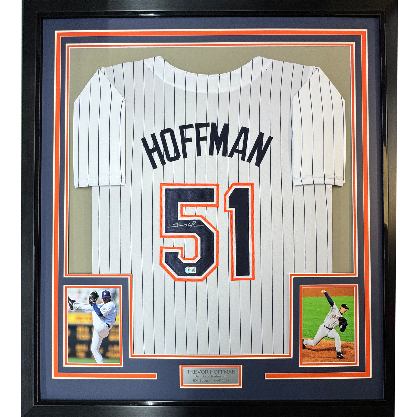 Framed Autographed/Signed Trevor Hoffman 35x39 San Diego Pinstripe Baseball Jersey Beckett BAS COA