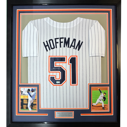Framed Autographed/Signed Trevor Hoffman 35x39 San Diego Pinstripe Baseball Jersey Beckett BAS COA